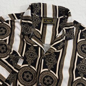 CASA‎ MODA COUTURE Men M Black Gold Baroque Print Short Sleeve Button Up Shirt
